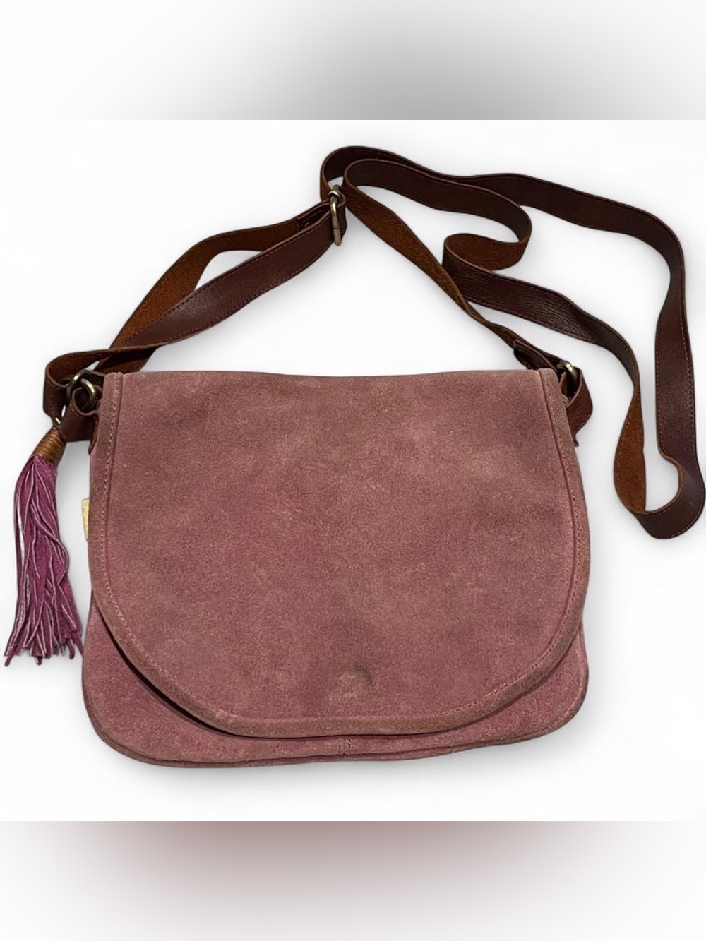 JOYN Purple Suede Leather Crossbody Bag Tassel Boho Messenger Purse